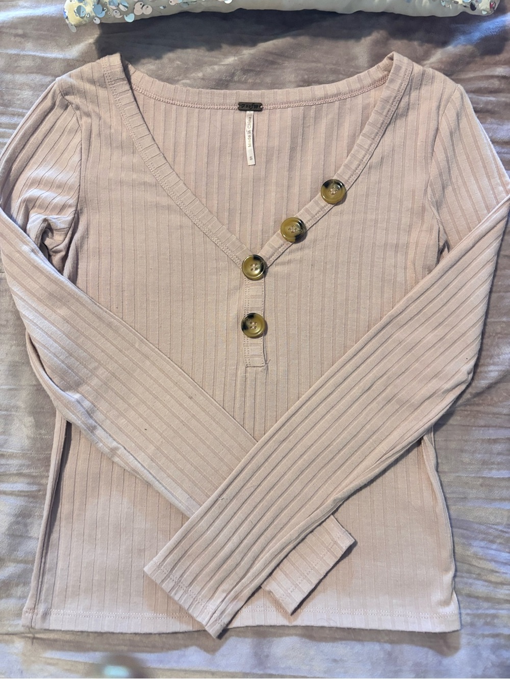 Poof! Ribbed V-Neck Long Sleeve Top with Button Placket - Light Taupe